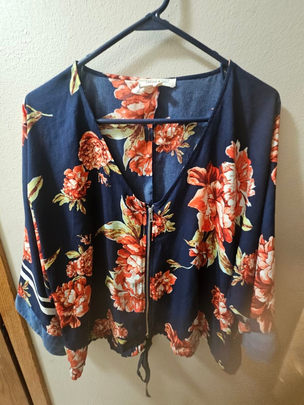 Living Doll Navy Floral Zip Front Blouse Size 1X Boho Lightweight